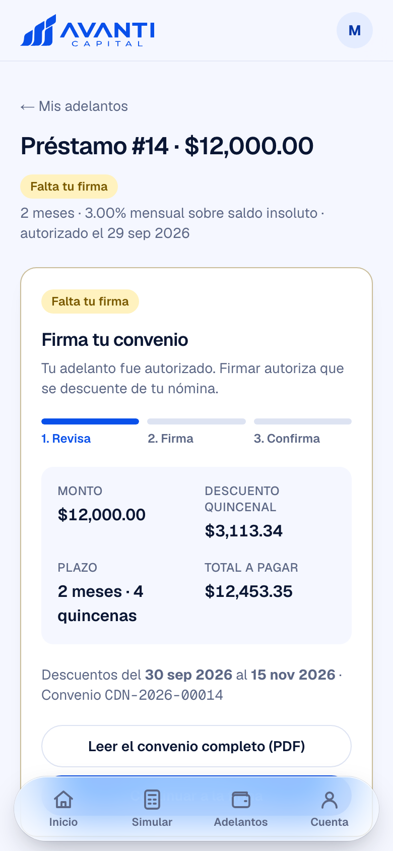 Pantalla: Firmar el convenio
