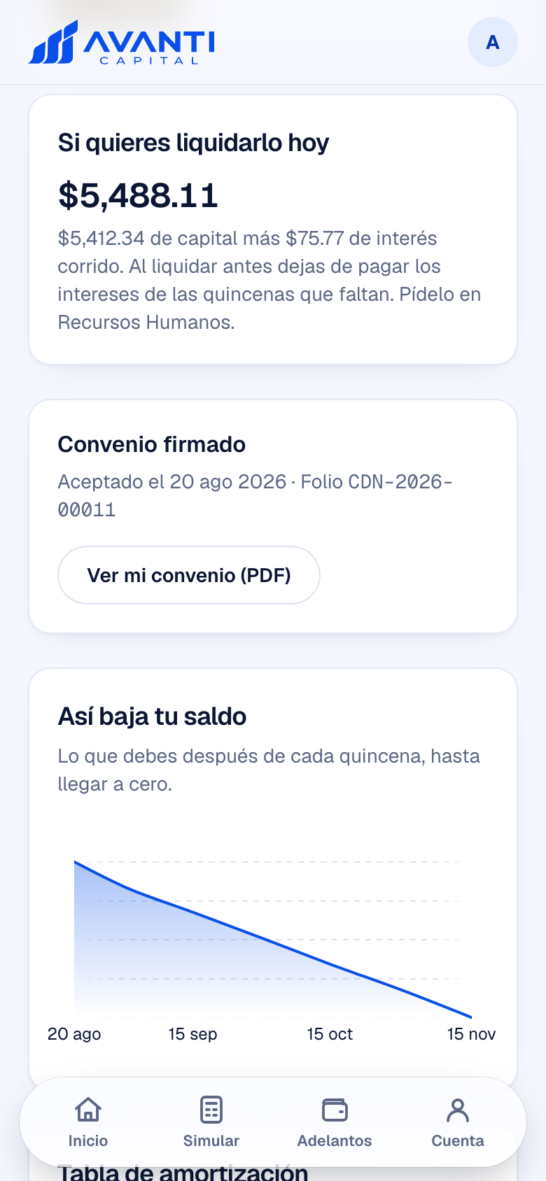 Pantalla: Recoger en caja y seguir la tabla de pagos